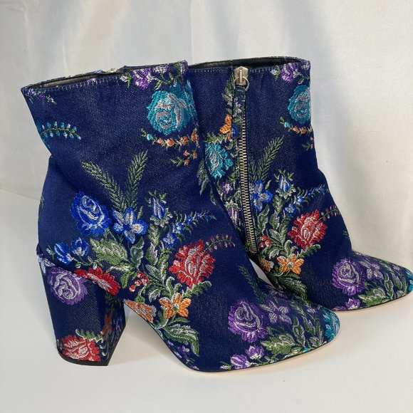 Zara - Spain Basic Collection Jaquard Flower Boots Size 8 Navy Blue / Fl… - Picture 1 of 8